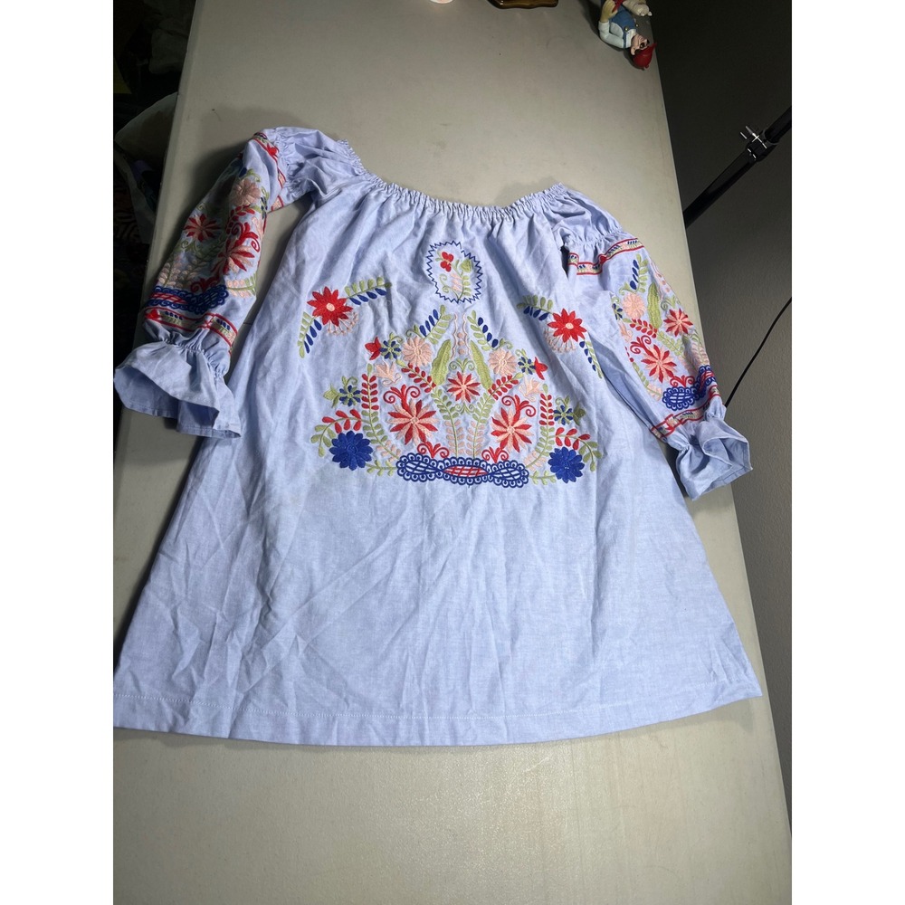 Ellison Womens S Blue Floral Embroidered Boho Tunic Top Puff Sleeve Peasant